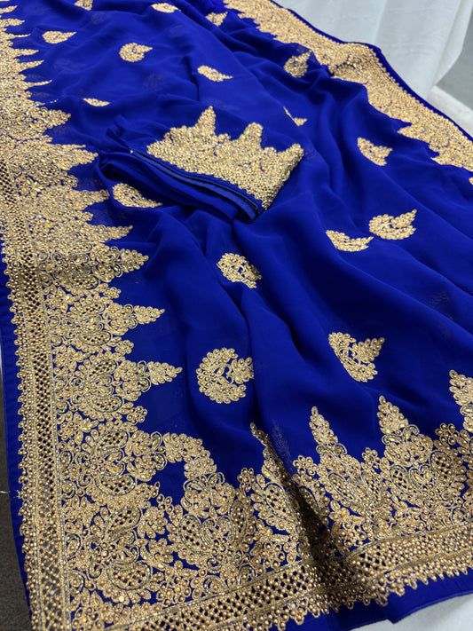 Tanima | Royal Blue and Gold Georgette Bridal Saree | Bollywood Partywear image 1