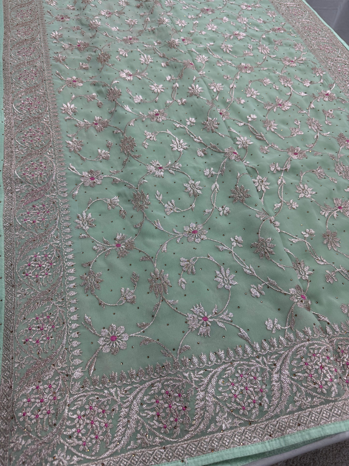 Pooja | Sea Green Georgette Partywear Saree | Elegant Machine Floral Embroidery image 5