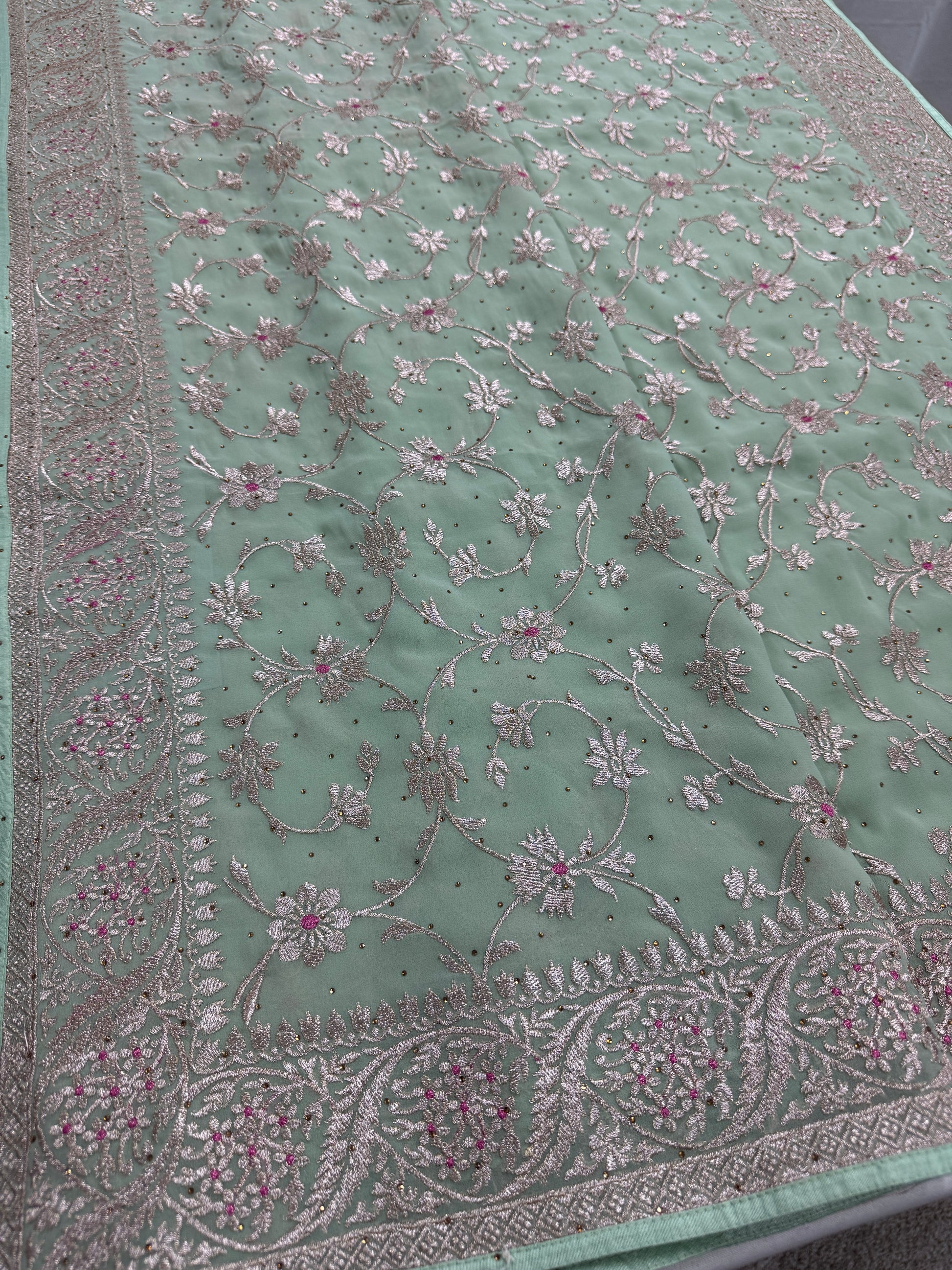 Pooja | Sea Green Georgette Partywear Saree | Elegant Machine Floral Embroidery image 5