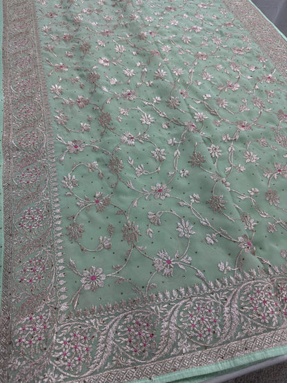 Pooja | Sea Green Georgette Partywear Saree | Elegant Machine Floral Embroidery image 5