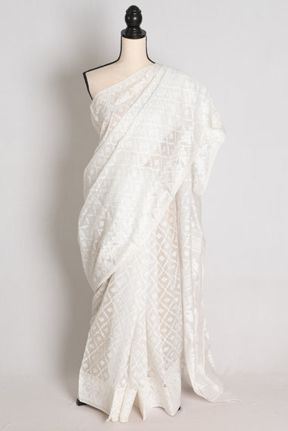 Shweta : Pure White and White Soft Blended Cotton Bengali Jamdani Saree image 0