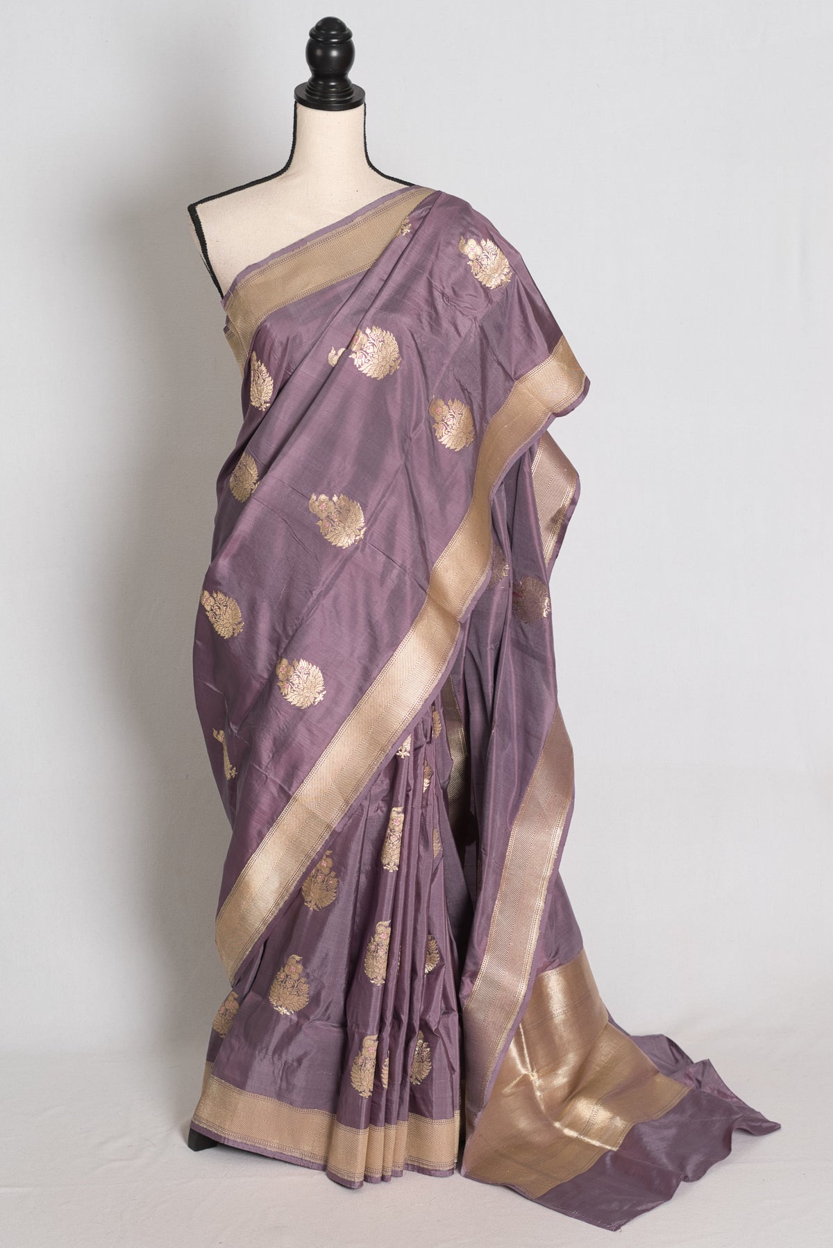 Sudha: Mauve and Gold Banarasi Katan Silk Saree with 40 Size Stitched Blouse image 0