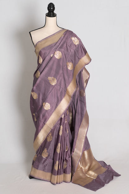 Sudha: Mauve and Gold Banarasi Katan Silk Saree with 40 Size Stitched Blouse image 0