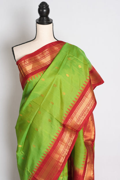 Nabanita : Parrot Green and Red Handwoven Pure Gadwal Silk Saree image 5