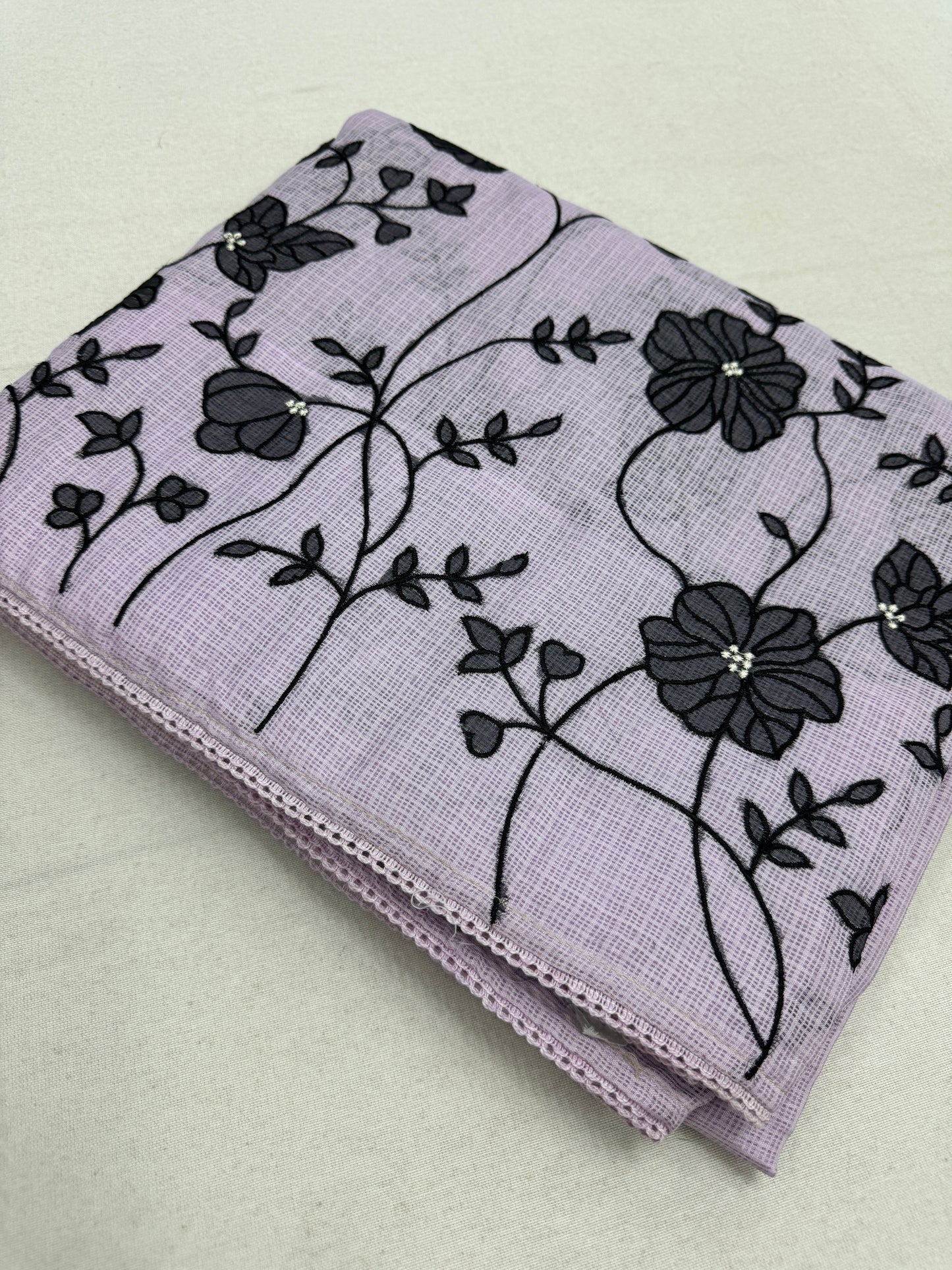 Riddhi | Lavender & Black Semi Kota Silk Saree | Floral Appliqué image 1