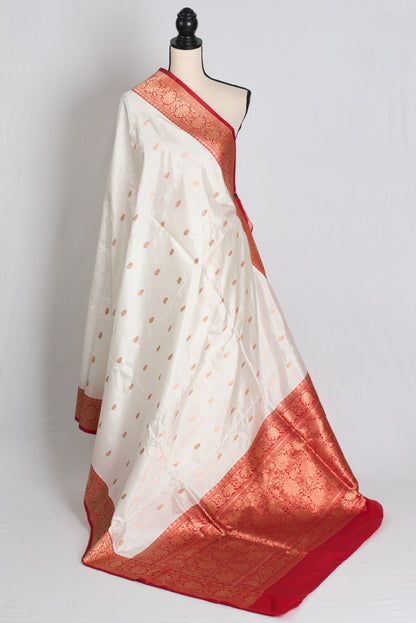 Annapurna : Silk Mark Certified White and Red Banarasi Silk Saree image 1