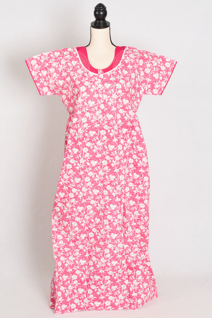 Floral Printed Pink Women Indian Cotton Nighty in Regular Size image 1