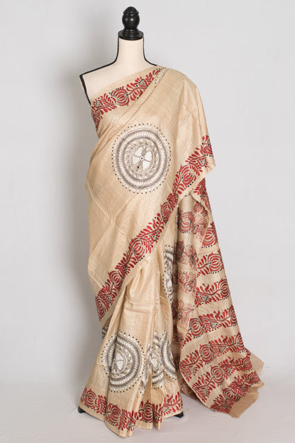 Mati : Pure Gachi Tussar Hand Embroidered Kantha Stitch Saree in Beige image 0