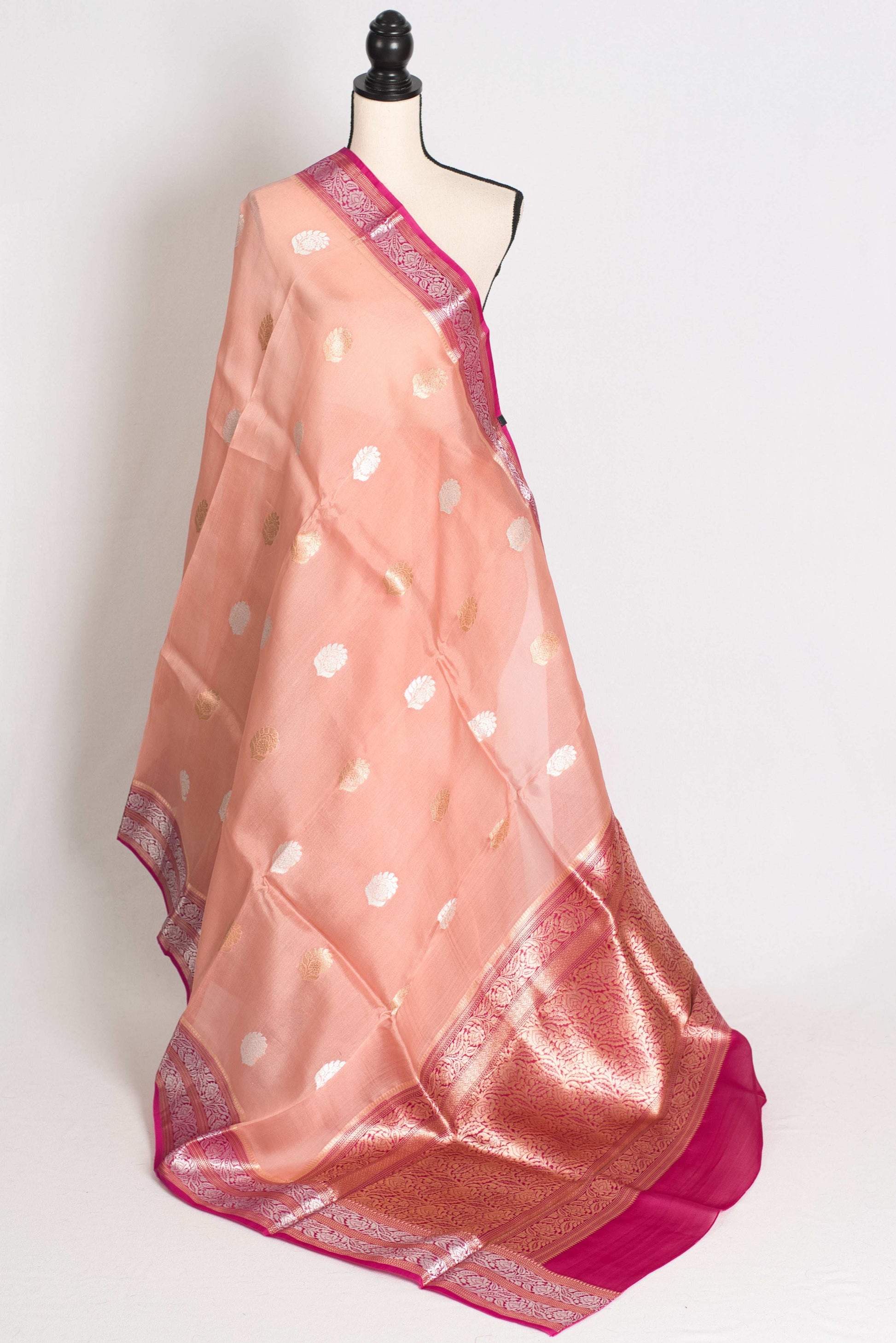 Bidisha : Silk Mark Certified Peach Organza Banarasi Saree with Silver Zari