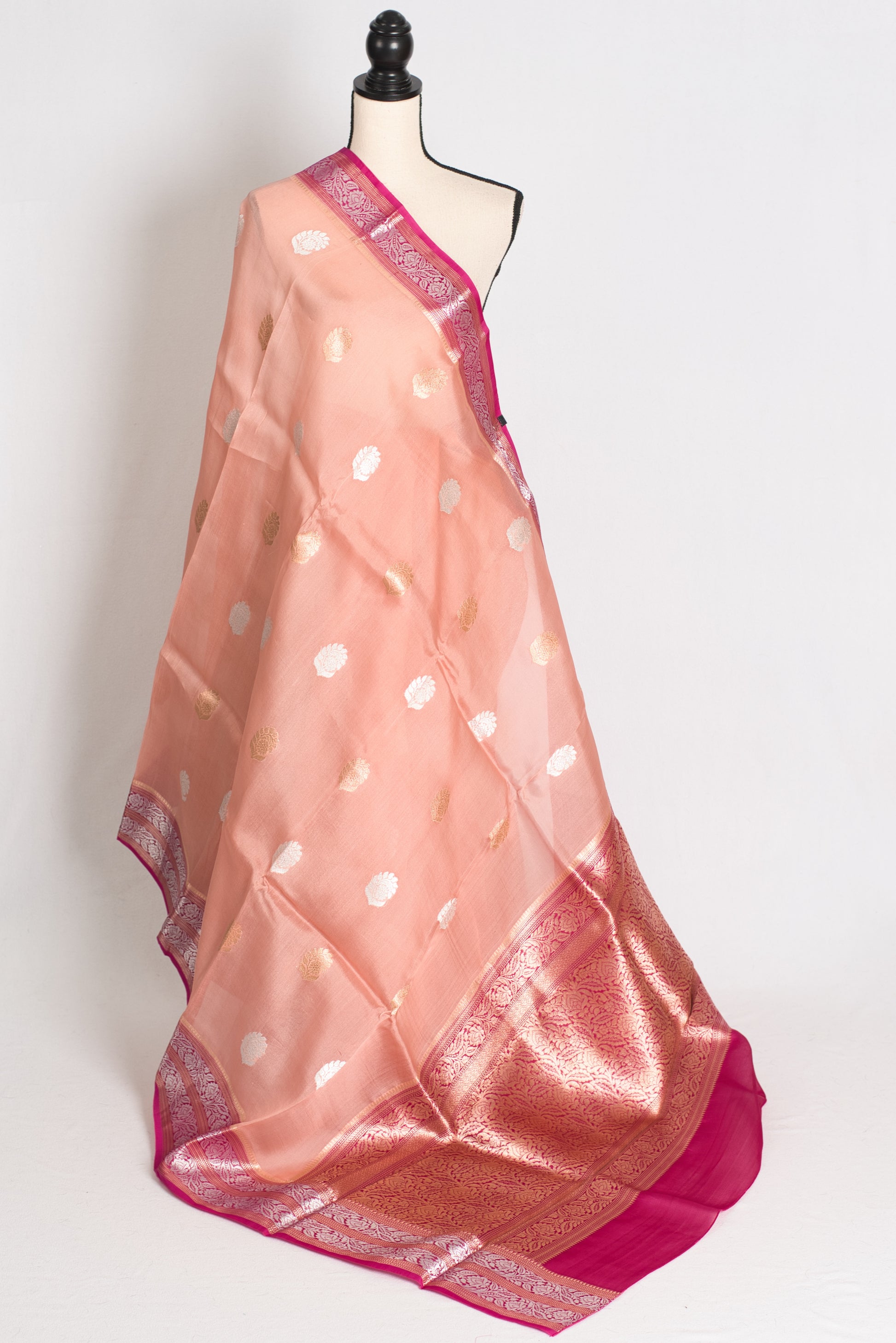 Bidisha : Silk Mark Certified Peach Organza Banarasi Saree with Silver Zari image 1