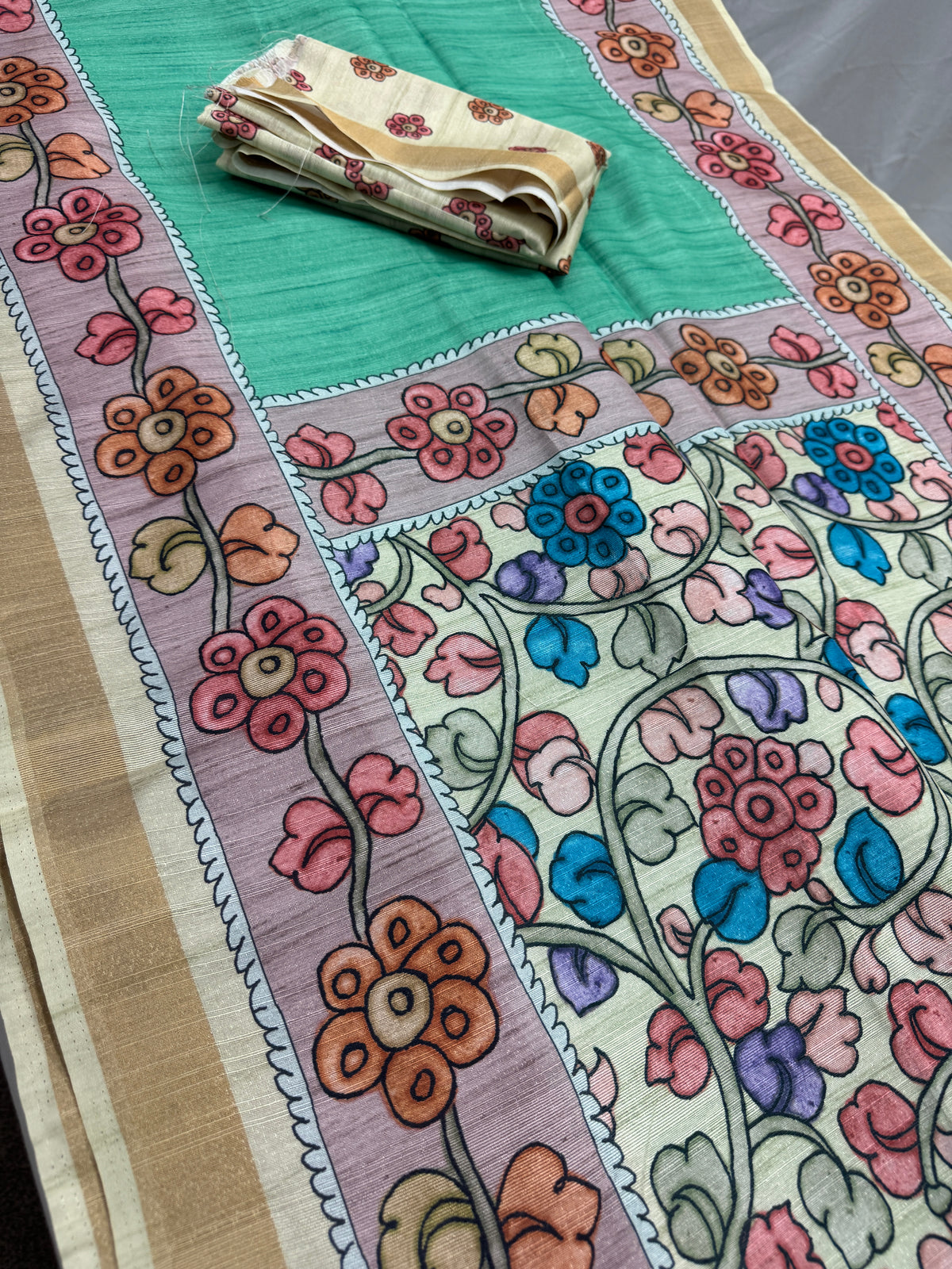 Lia | Sea Green & Off-White Semi Tussar Silk Saree | Floral Kalamkari Print image 1