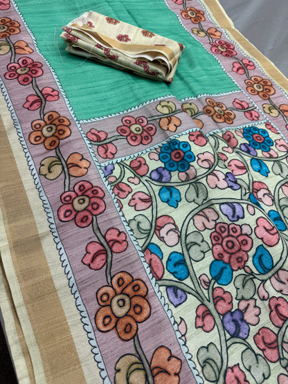 Lia | Sea Green & Off-White Semi Tussar Silk Saree | Floral Kalamkari Print image 1