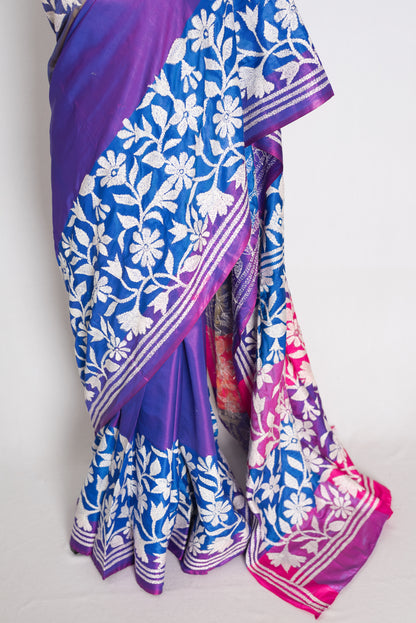 Sandhya : Purple Semi Silk Kantha Stitch Saree | Hand-Embroidered image 5
