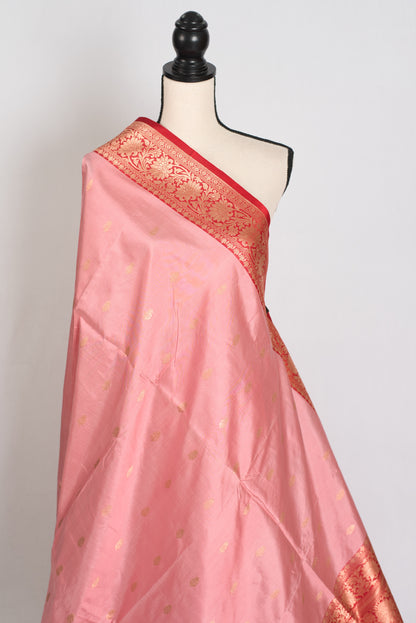 Kusum : Certified Silk Banarasi Saree in Soft Blush Pink and Red image 4