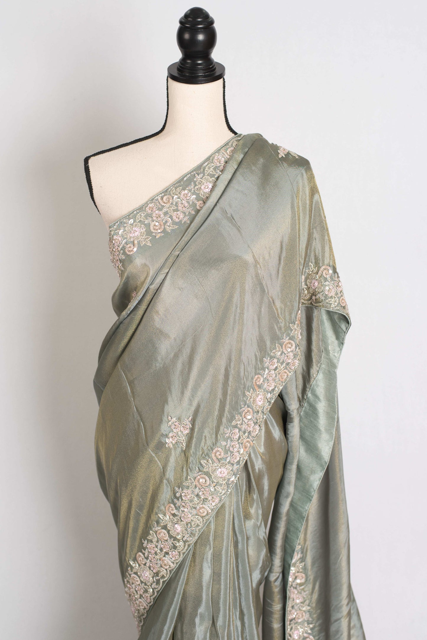 Fariha : Sage Green Hand Embroidered Zardozi Soft Organza Party Wear Saree image 5