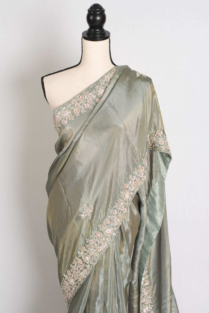 Fariha : Sage Green Hand Embroidered Zardozi Soft Organza Party Wear Saree image 5
