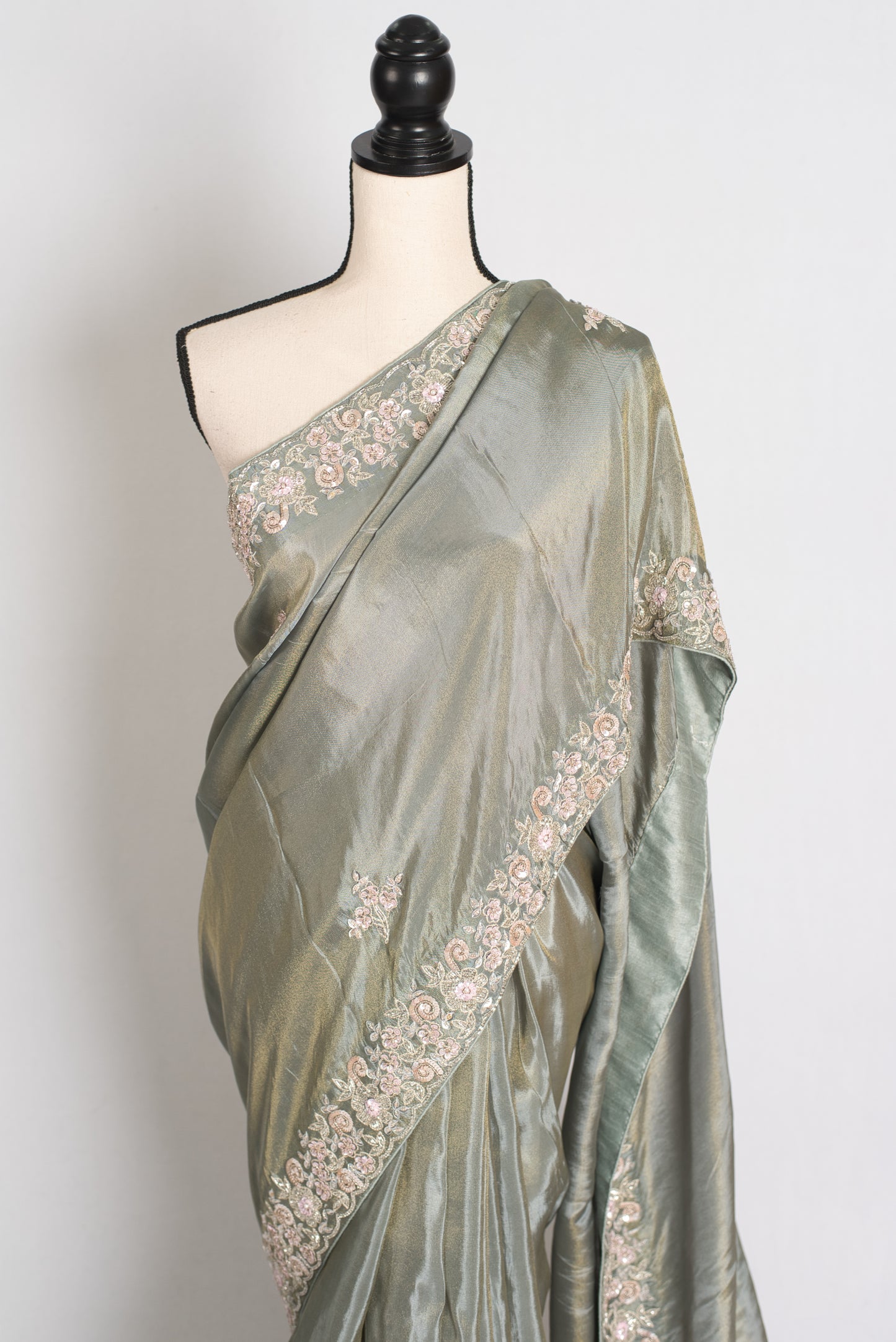 Fariha : Sage Green Hand Embroidered Zardozi Soft Organza Party Wear Saree image 5