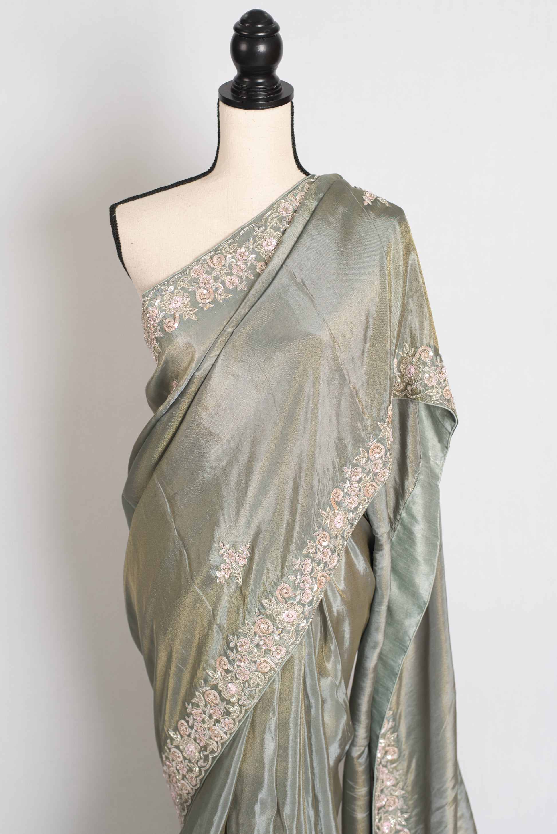Fariha : Sage Green Hand Embroidered Zardozi Soft Organza Party Wear Saree image 5