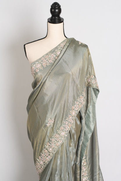Fariha : Sage Green Hand Embroidered Zardozi Soft Organza Party Wear Saree image 5