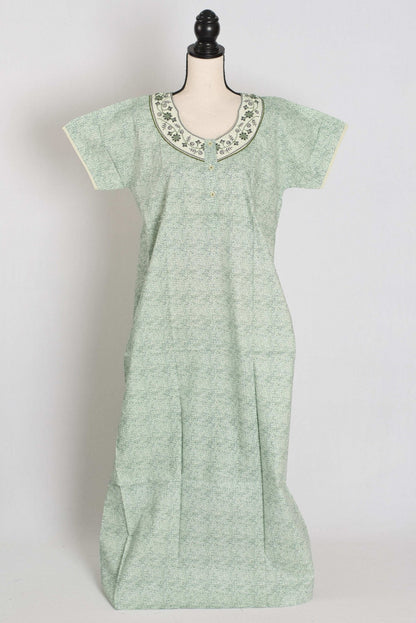 Embroidery Printed Green Women Indian Cotton Nighty in Regular Size