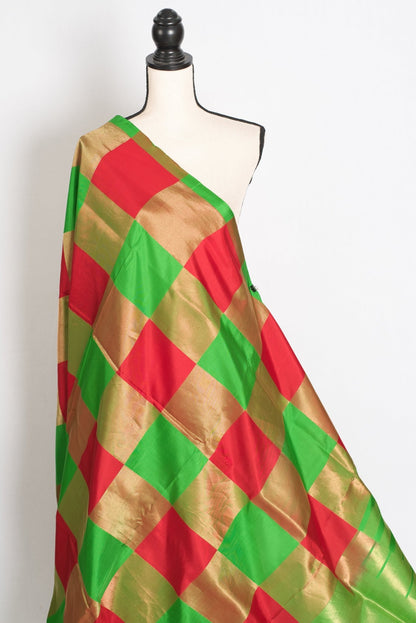 Exclusive Checks Kanjivaram Saree in Red, Green and Gold - Saree Mandi