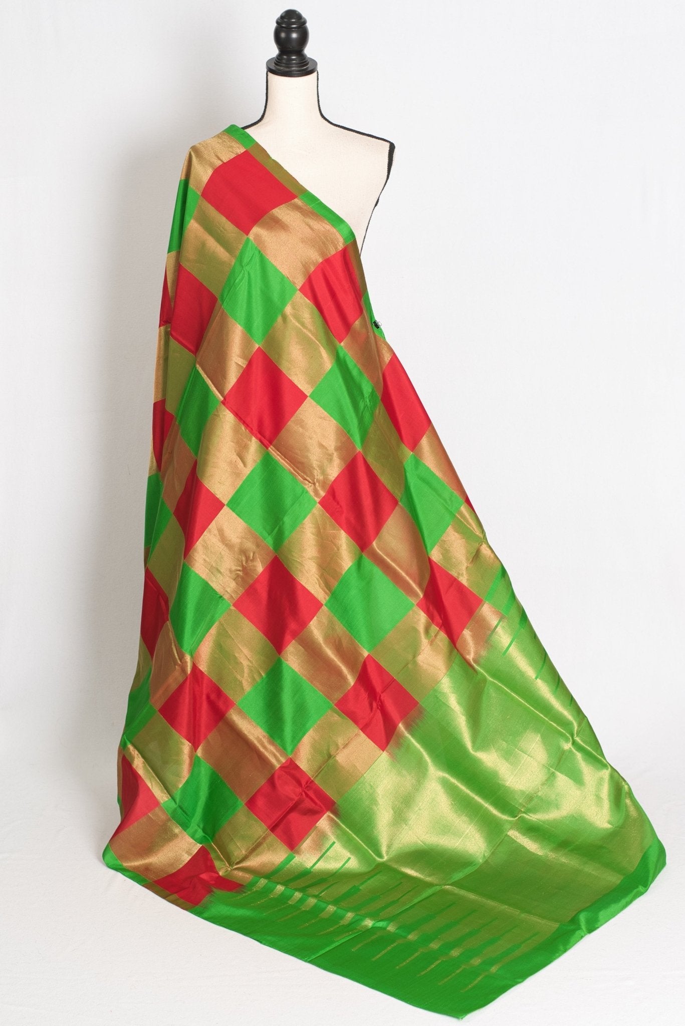 Exclusive Checks Kanjivaram Saree in Red, Green and Gold - Saree Mandi