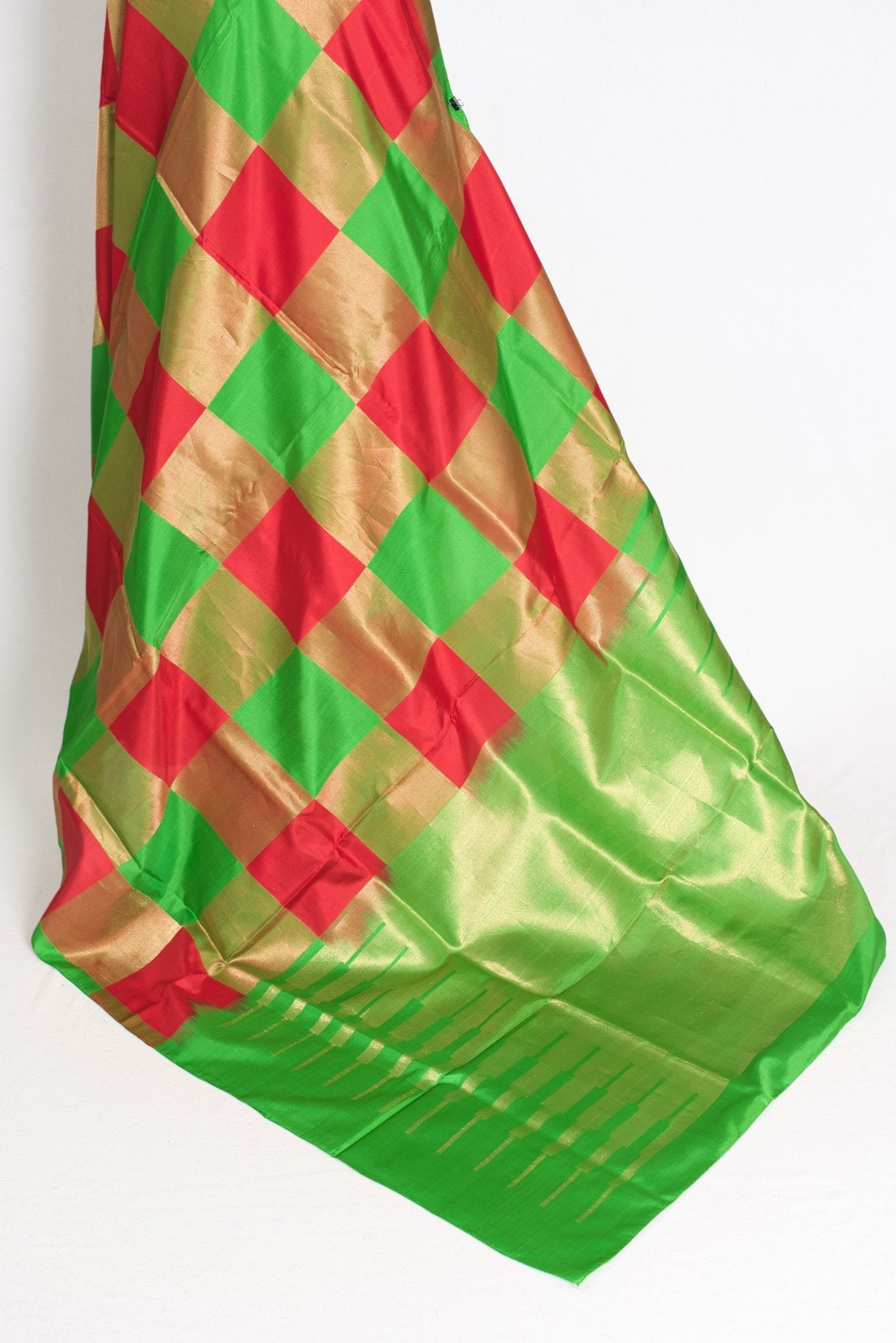 Exclusive Checks Kanjivaram Saree in Red, Green and Gold - Saree Mandi