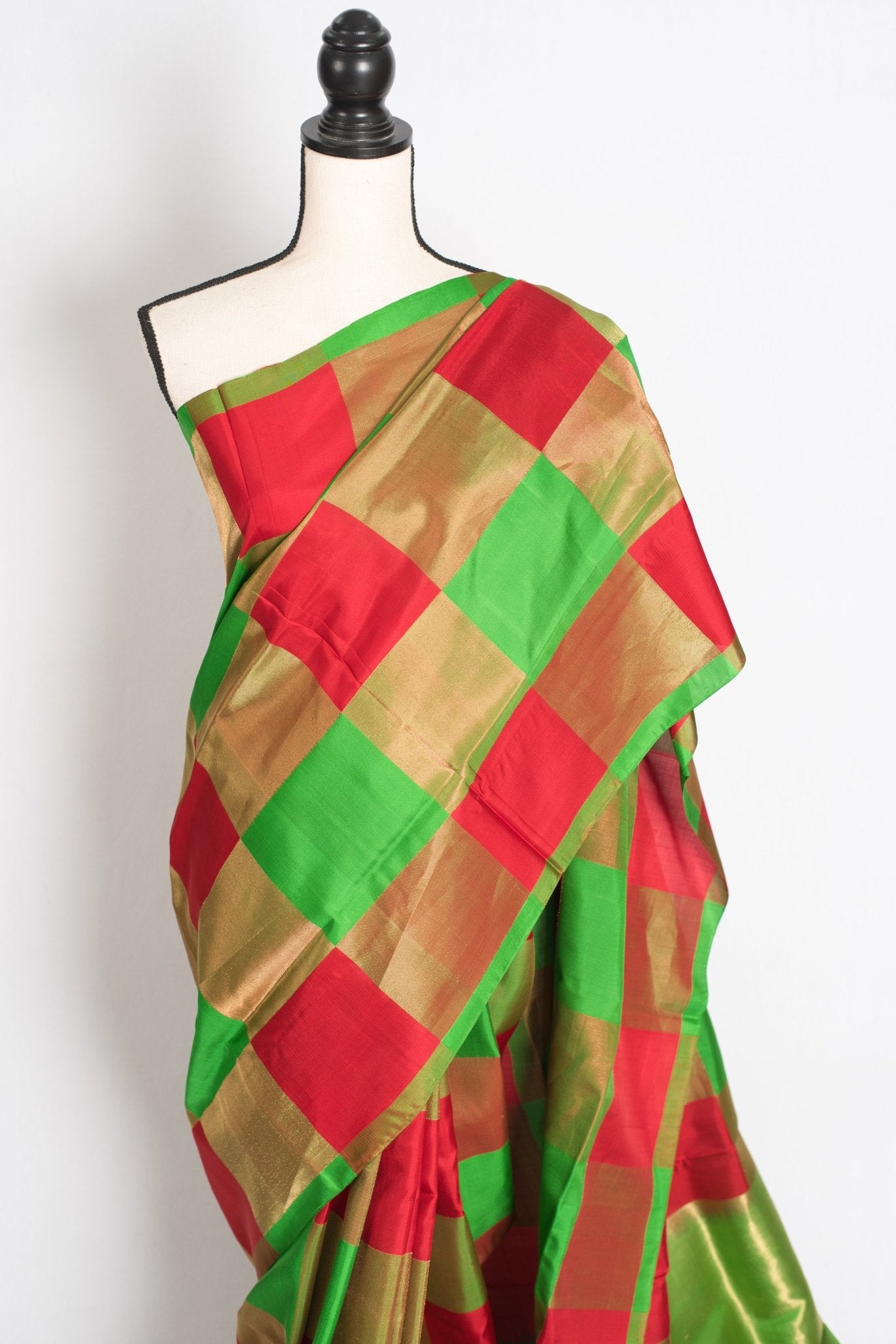 Exclusive Checks Kanjivaram Saree in Red, Green and Gold - Saree Mandi