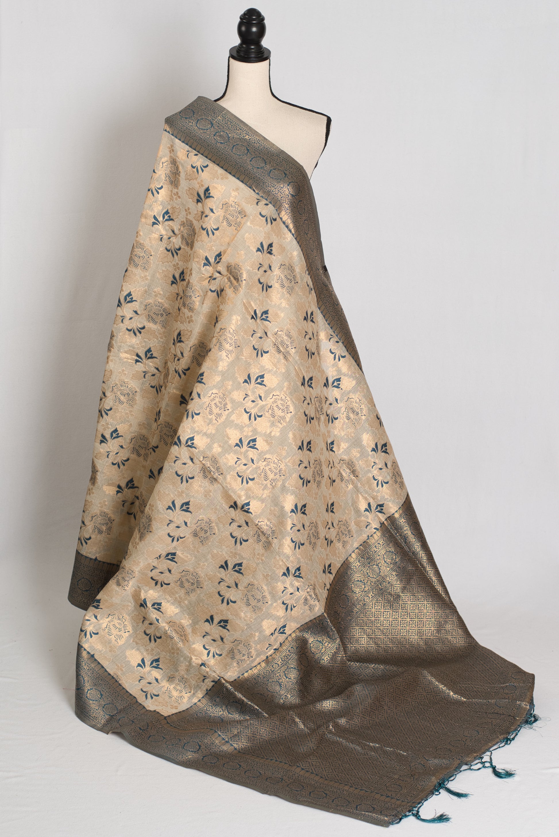 Jamini: Budget Friendly Blended Cotton Banarasi Saree in Beige and Blue image 1