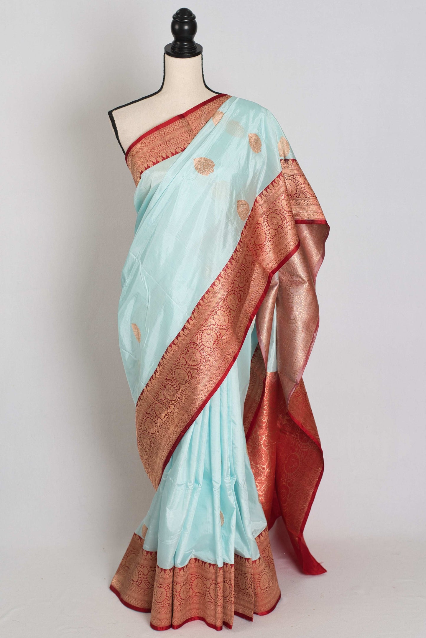 Madhavi : Certified Katan Silk Banarasi Saree in Sky Blue and Red image 0