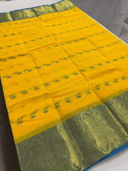 Yellow and Blue Tant saree — view