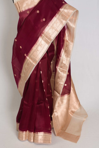 Anuya : Silk Mark Certified Wine and Beige Organza Banarasi Saree image 6
