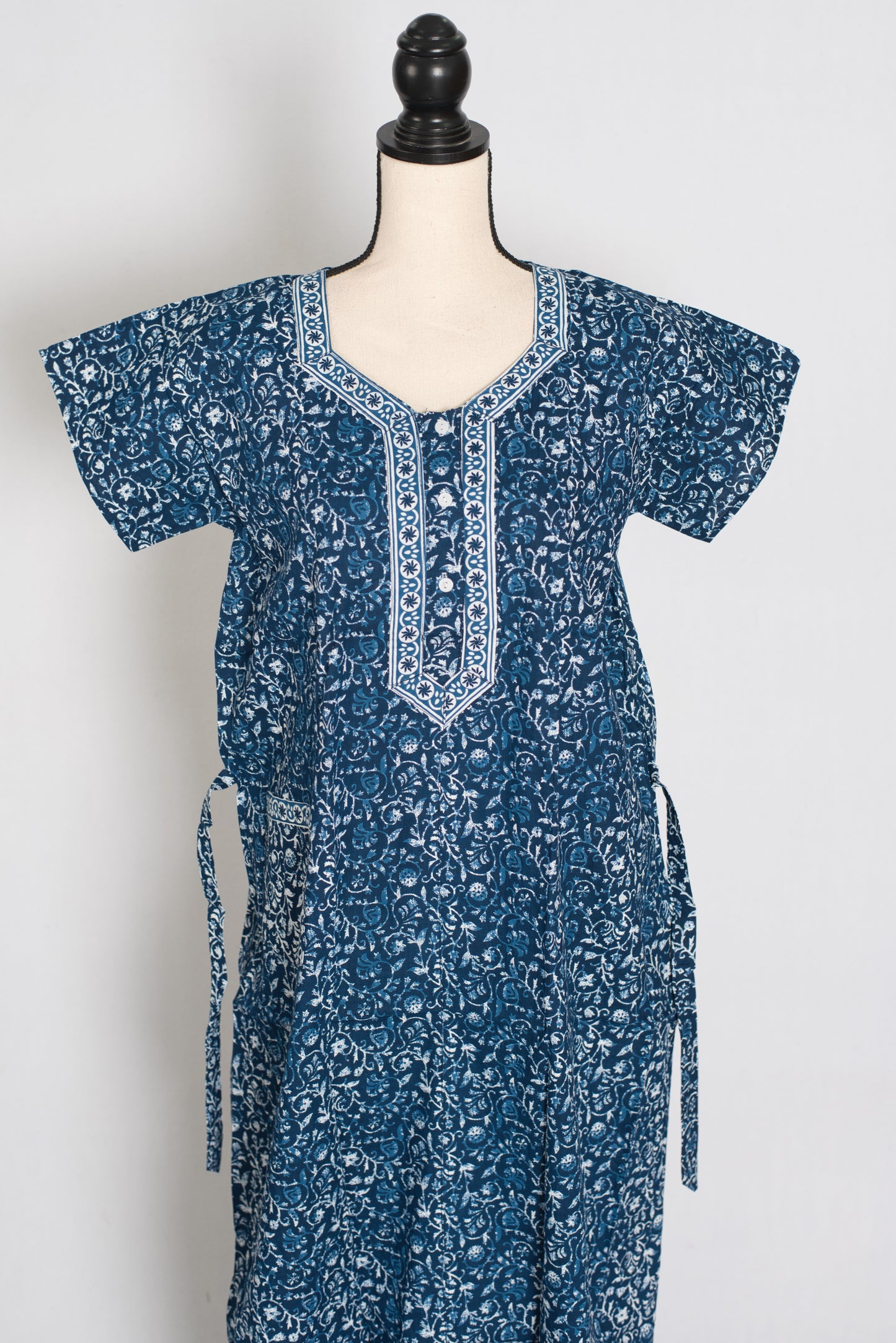 Indigo Blue Kalamkari Floral Print Pure Cotton Indian Nightgown image 0