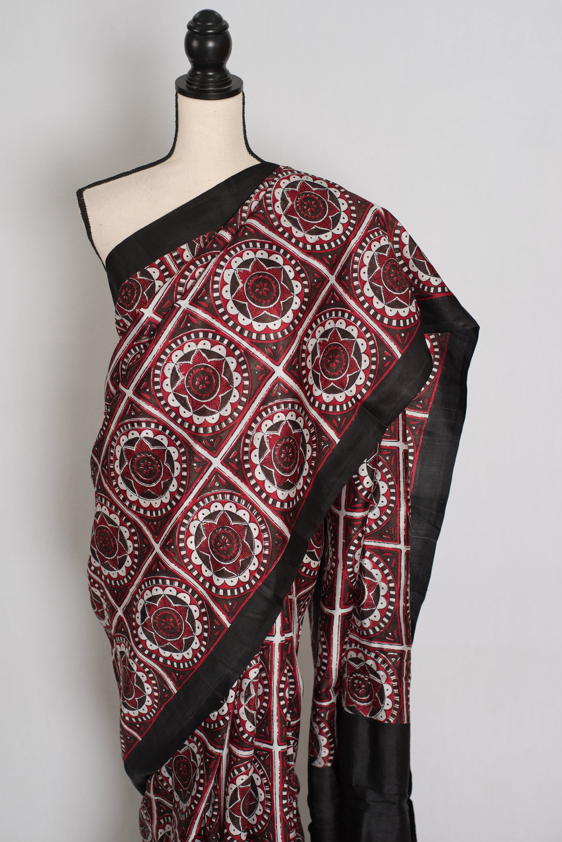 Dhriti : Black and Red Contemporary Hand Block Printed Murshidabad Silk Saree image 5