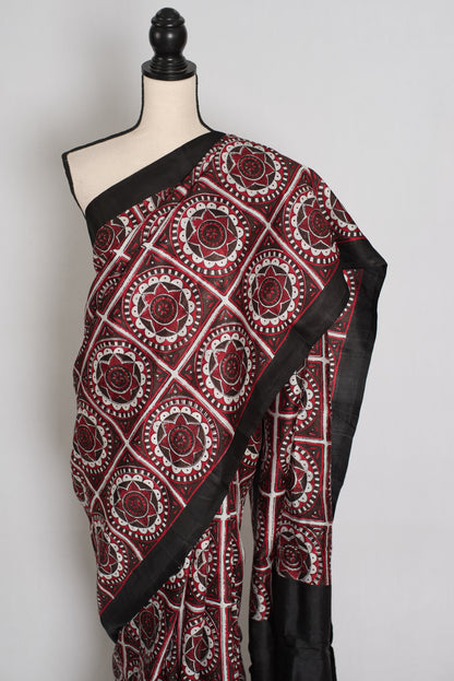 Dhriti : Black and Red Contemporary Hand Block Printed Murshidabad Silk Saree image 5