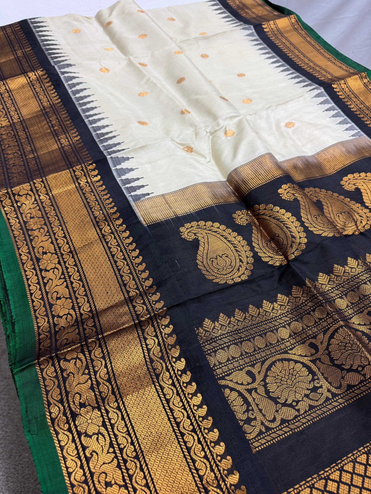 Indira : Silk Mark Certified Gadwal Silk Saree in Cream and Black image 0