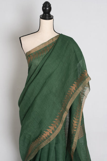 Nidhi : Forest Green Pure Linen by Linen Bengali Linen Jamdani Saree image 6