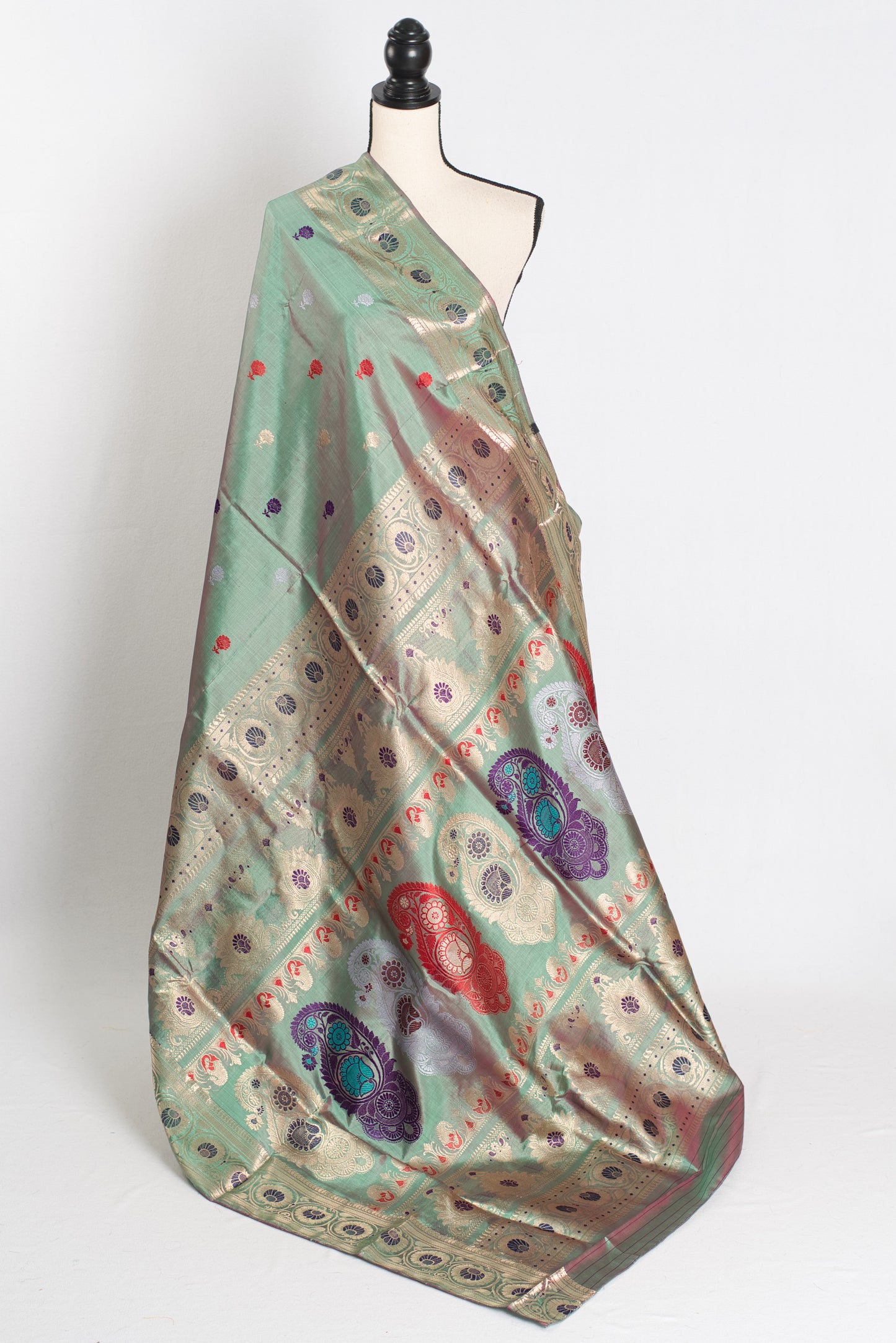 Aahiri : Heritage Revival Baluchari Silk Saree from Bengal  in English Green image 1