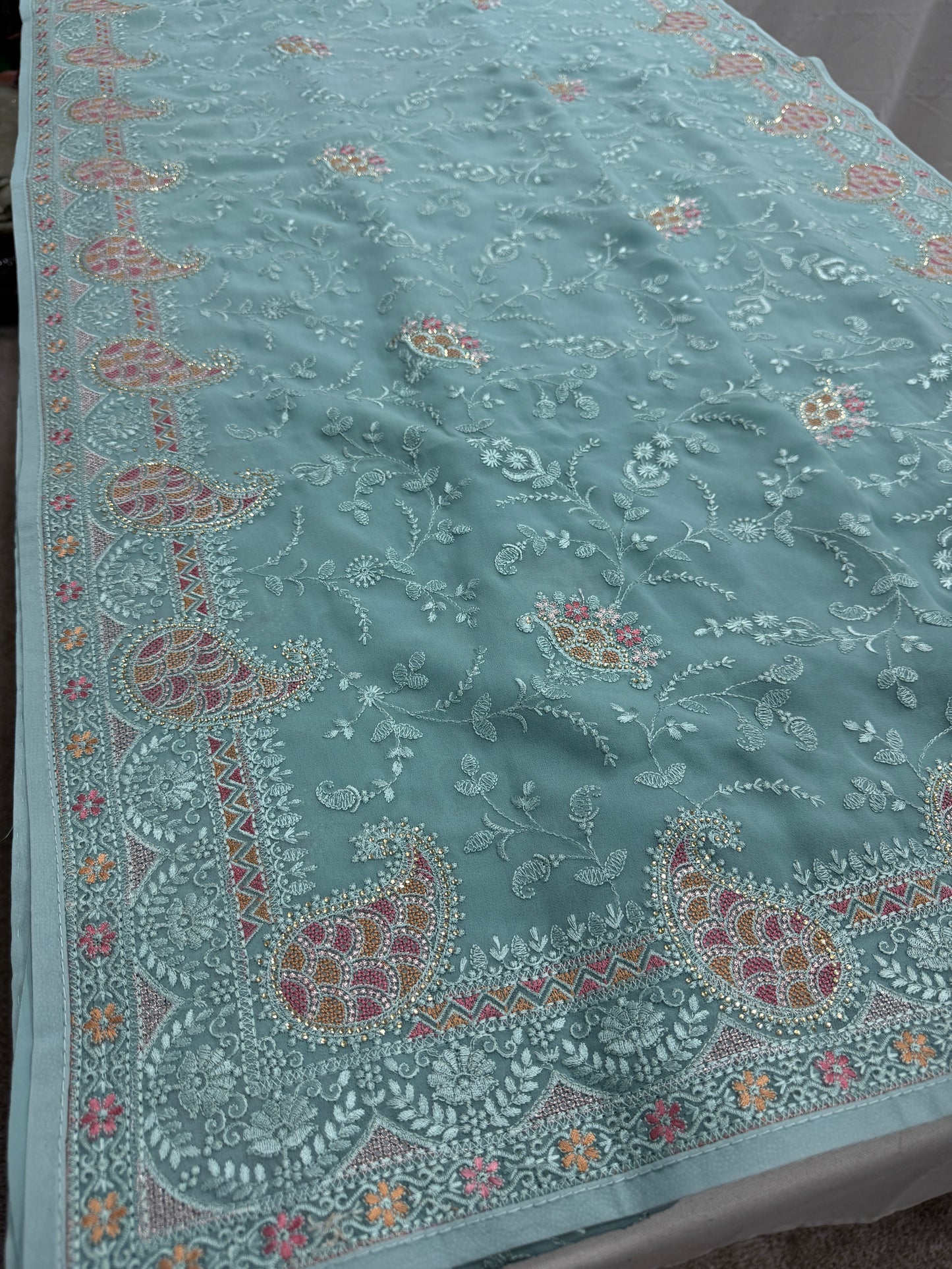 Sudha | Soft Blue Georgette Partywear Saree | Soothing Pastel Floral Embroidery image 3