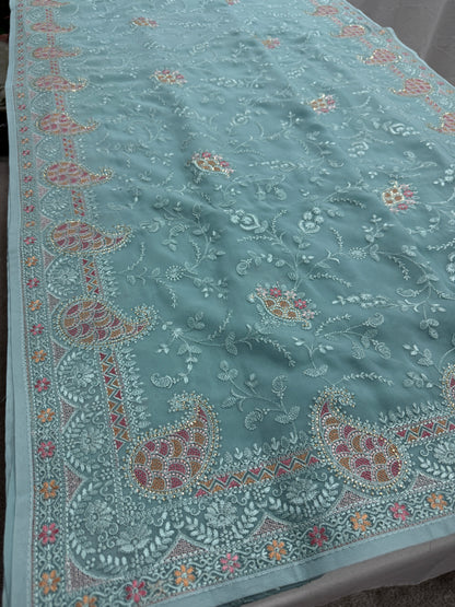 Sudha | Soft Blue Georgette Partywear Saree | Soothing Pastel Floral Embroidery image 3