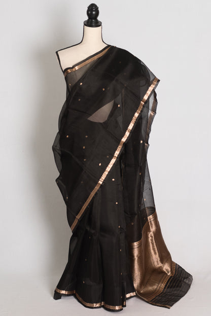 Black and Antique Gold Banarasi saree — view