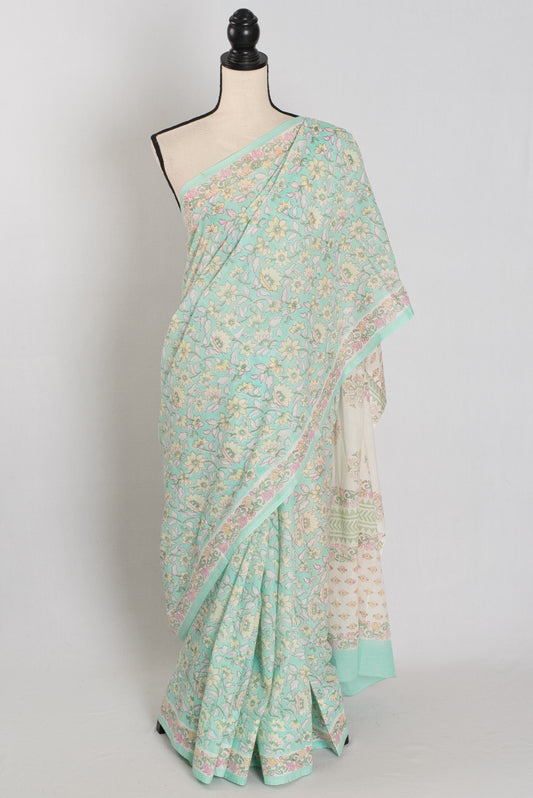 Nidhi: Sea Green & White Mulmul Cotton Saree | Premium Kalamkari Print image 0