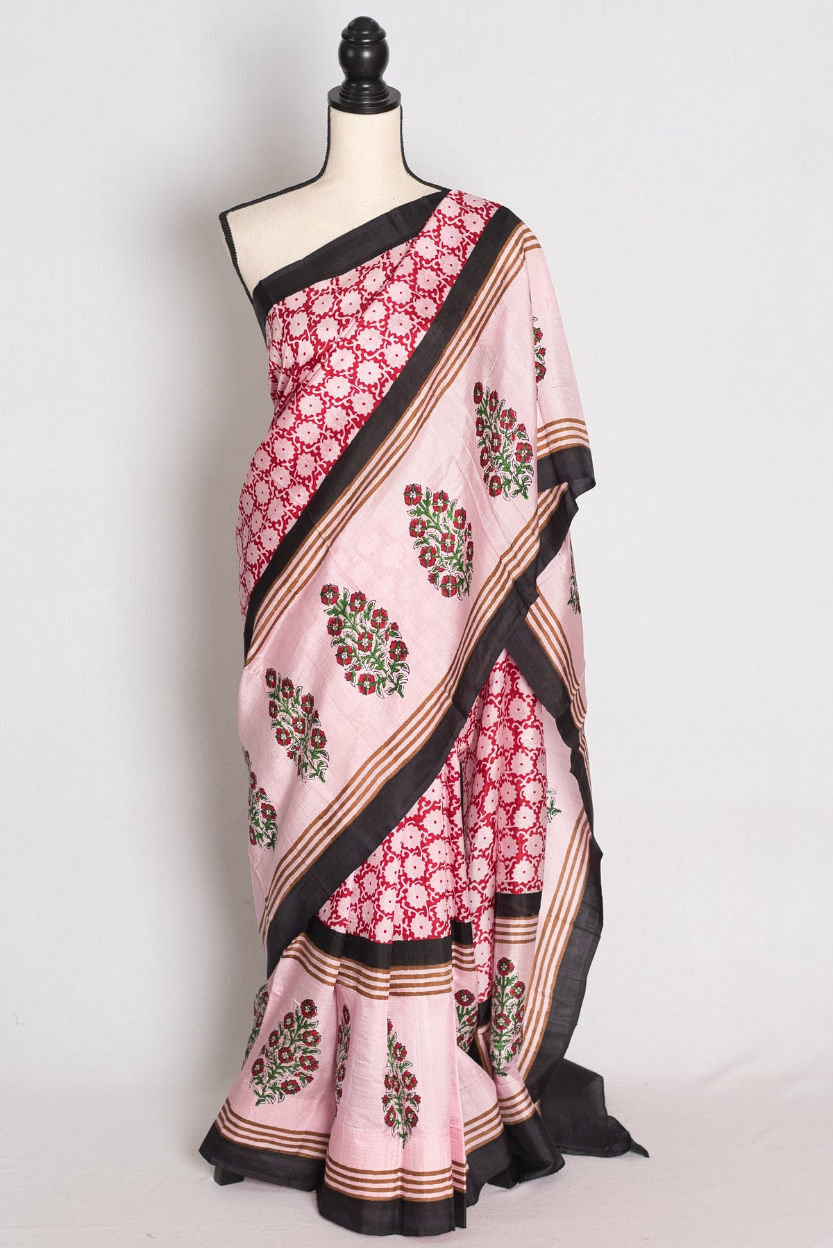 Pritha : Light Pink and Black Hand Block Printed 3-Ply Murshidabad Silk Saree image 0