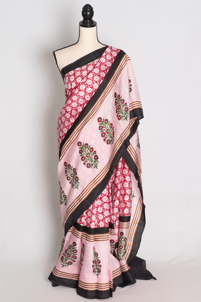 Pritha : Light Pink and Black Hand Block Printed 3-Ply Murshidabad Silk Saree image 0