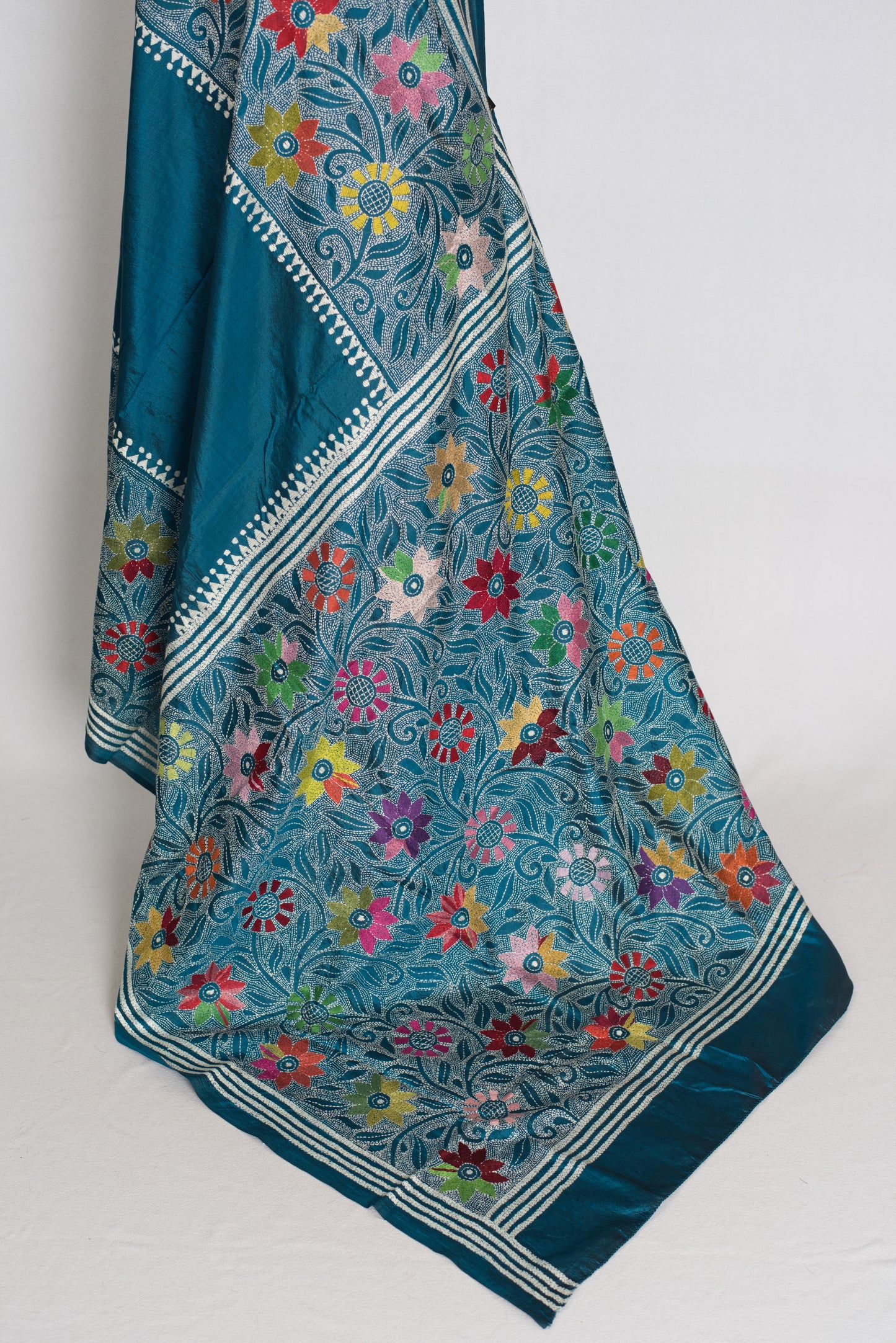 Dhriti : Teal Blue Hand Embroidered Kantha Stitch Pure Bangalore Silk Saree image 3