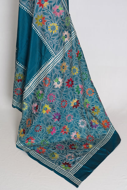 Dhriti : Teal Blue Hand Embroidered Kantha Stitch Pure Bangalore Silk Saree image 3