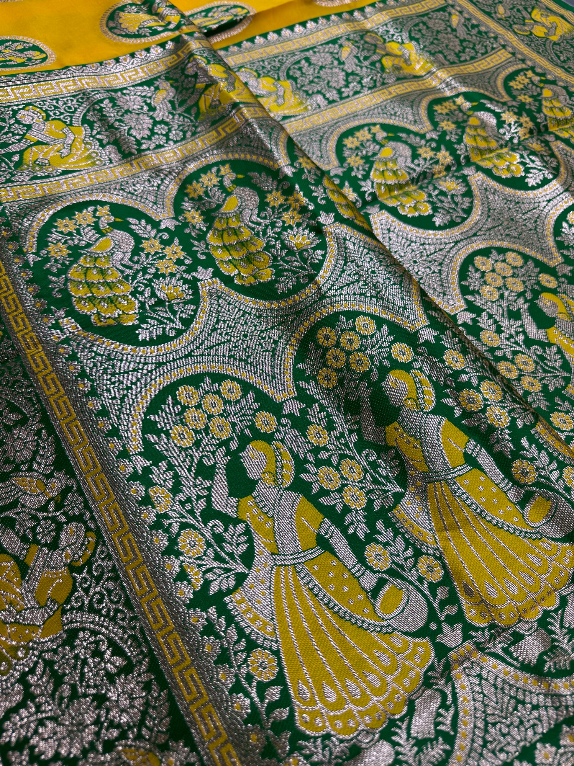 Pratima : Yellow and Green Baluchari Saree in Blended Silk image 3