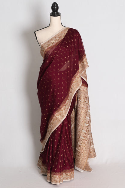 Savita: Maroon Semi Georgette Banarasi Saree with White Border image 0
