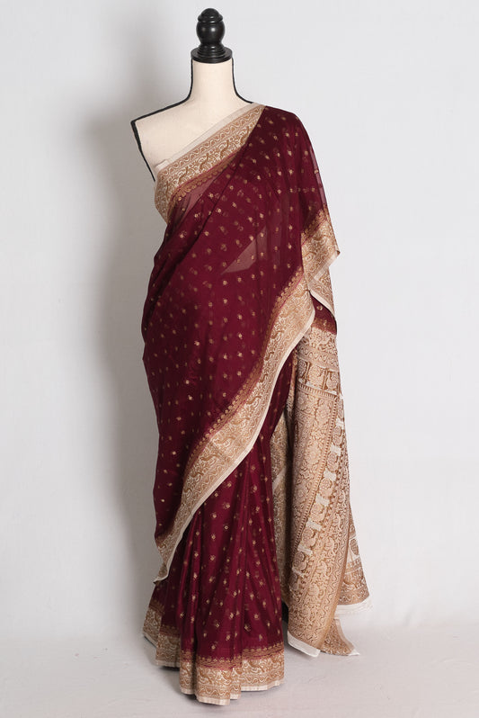 Savita: Maroon Semi Georgette Banarasi Saree with White Border image 0