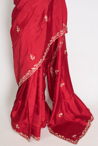 Afrin: Red Semi Satin Saree with Zardosi Hand Embroidery | Partywear image 6